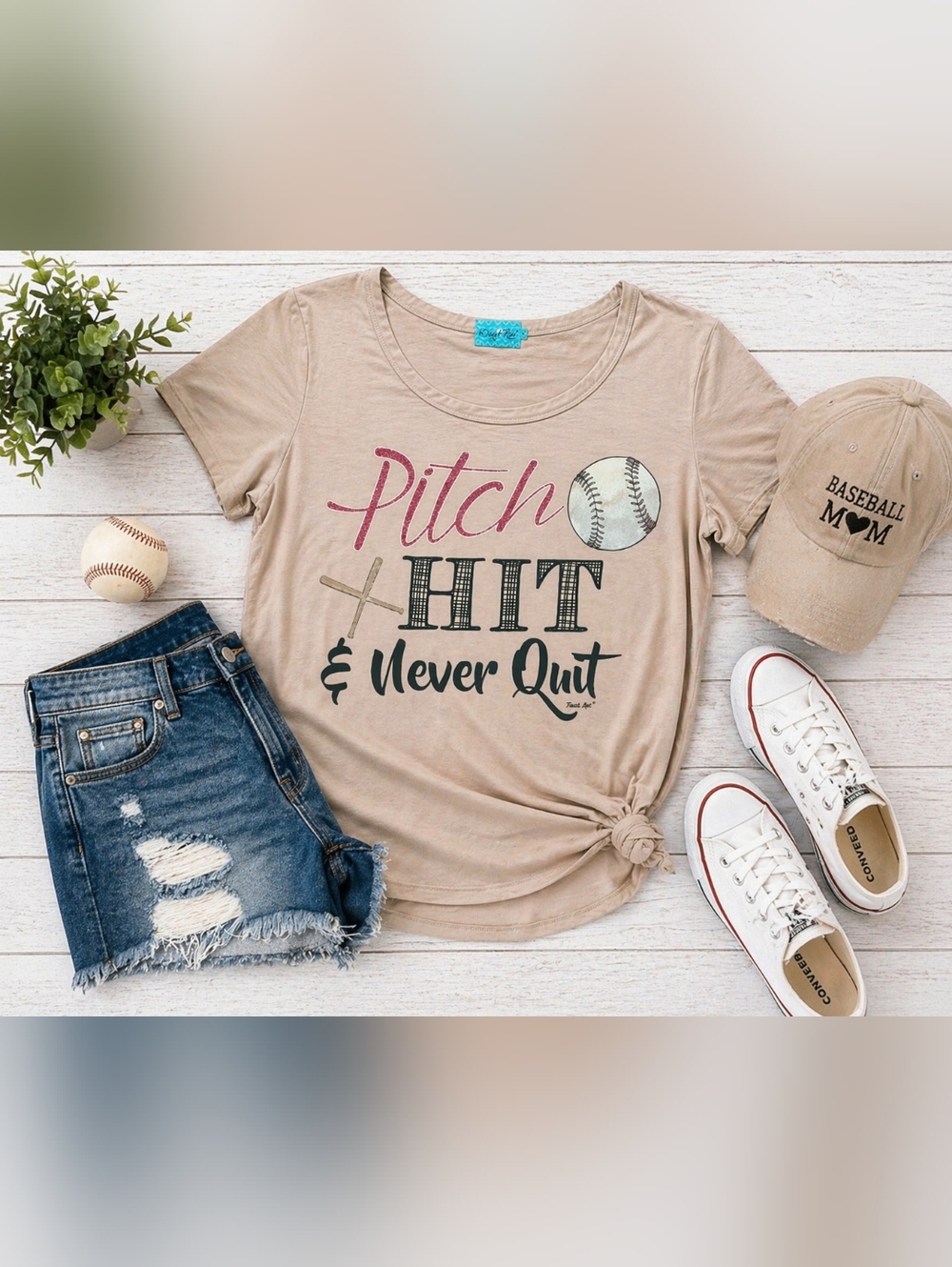 Baseball Graphic Tee “Pitch Hit & Never Quit” Tan Scoop Neck Shimmer Softball